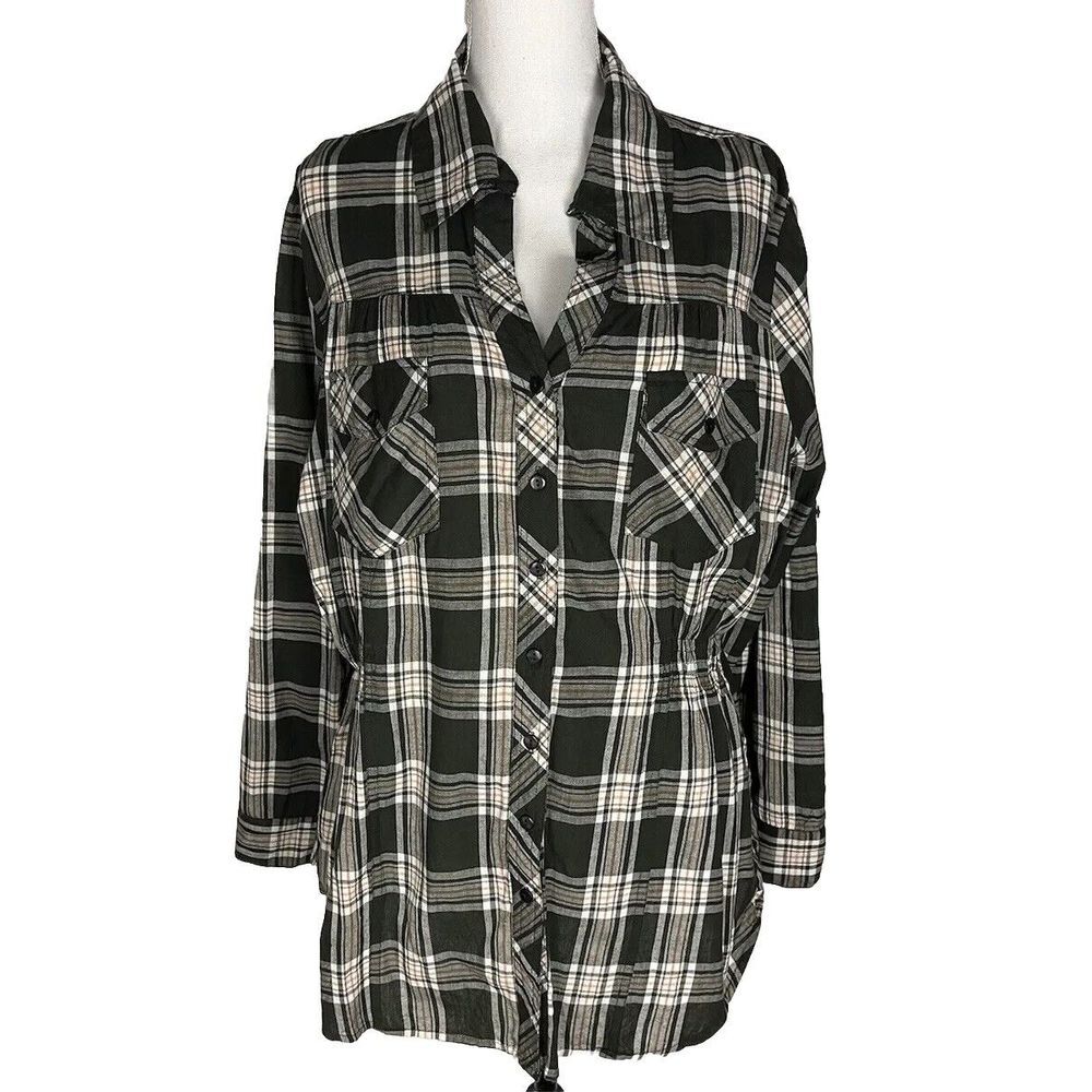 Ashley Stewart Green Shirt Ladies 14-16 Plaid Button Up Long Sleeve New
